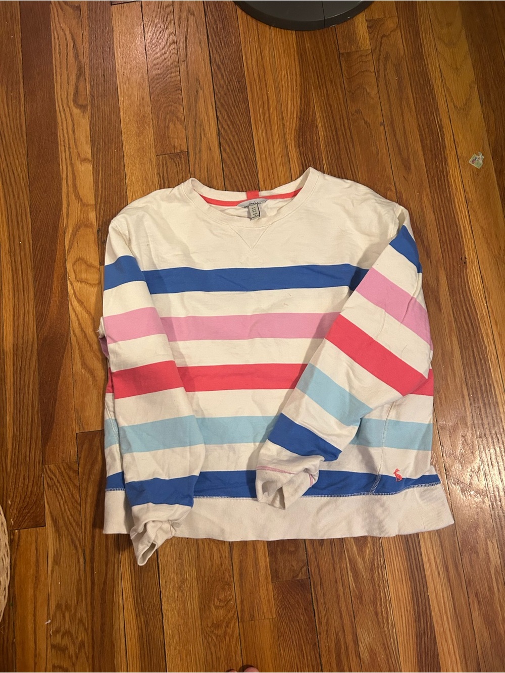 Joules White Sweatshirt with Blue, Pink & Red Stripes